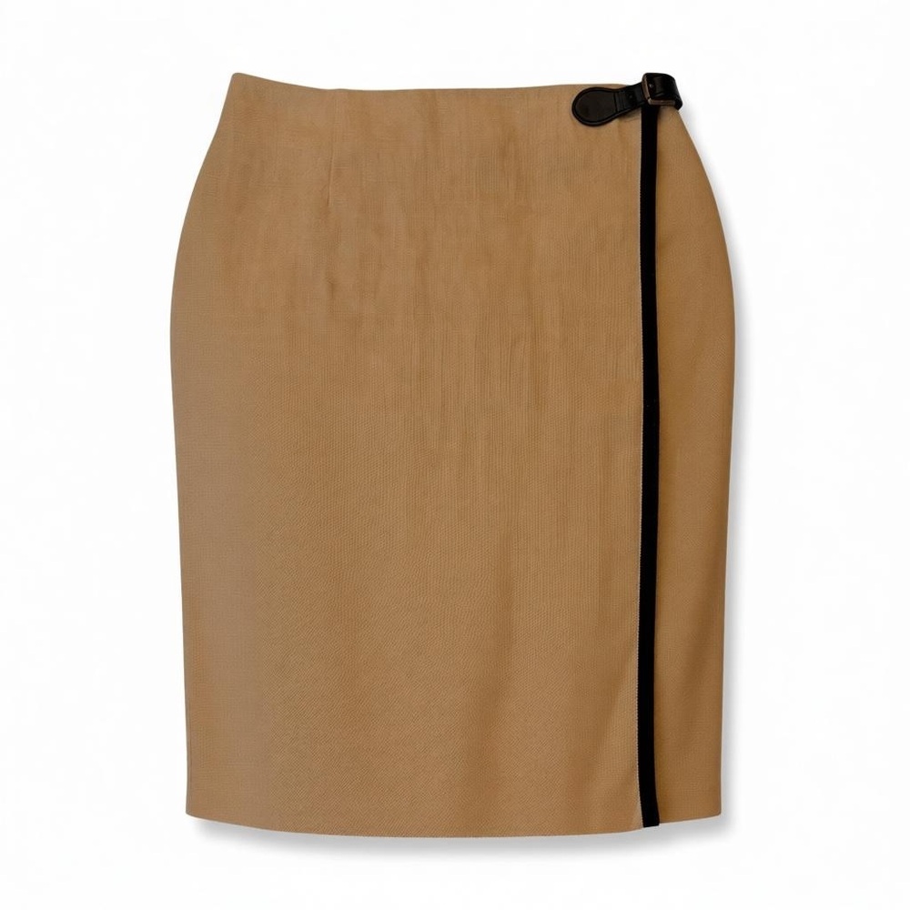 Lauren Ralph Lauren Linen Wrap Skirt Camel Tan Midi Leather Adjustable Buckle